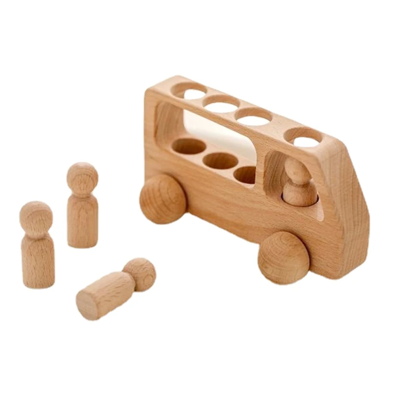 HOT-Outdoor Wooden Bus Game Kit Baby Wooden Bus Educational Blocks Natural Wood Car Little Doll Teething Toys Birthday Gifts