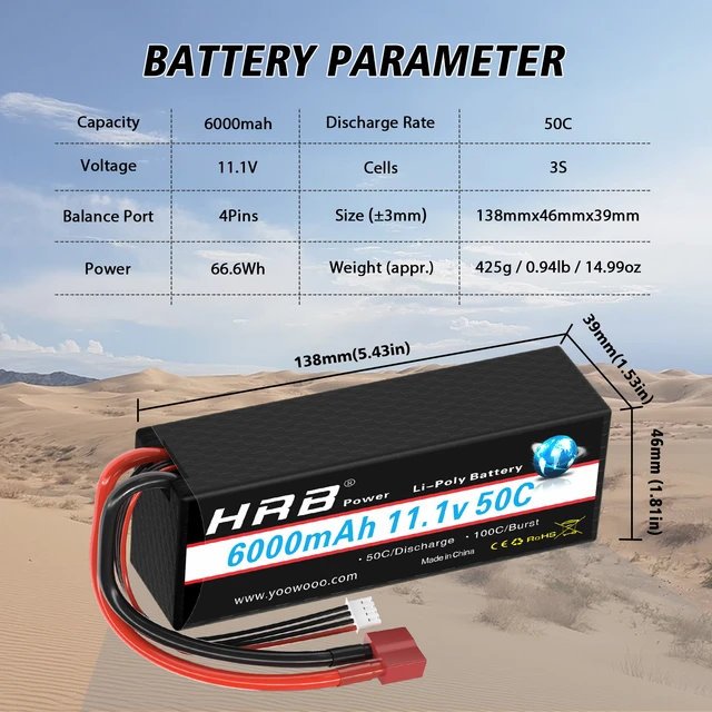 HRB 7.4V 6000mAh 2S LiPo Battery 60C Traxxas for RC Car Truck Buggy