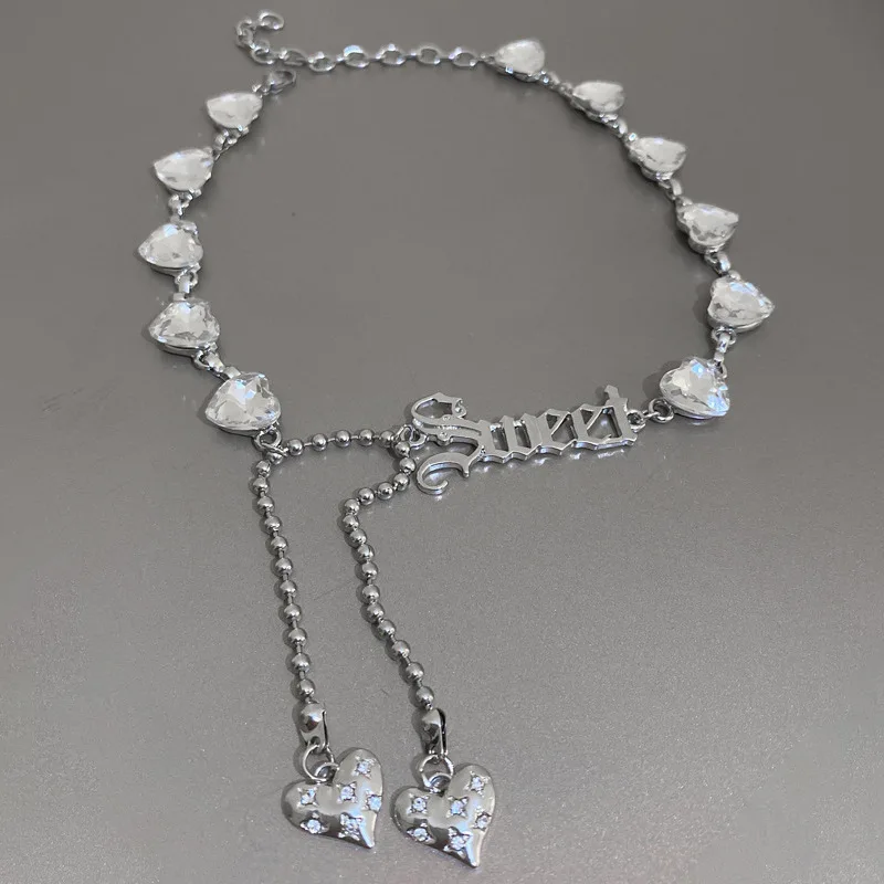 

Metal Rhinestone Stitching Letter Love Tassel Necklace European and American Ins Clavicle Chain Female