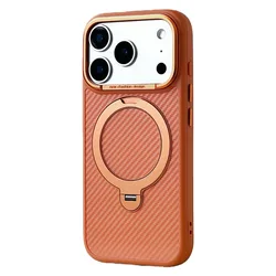 Magsafe - Compatible Slim Matte Carbon Fiber Phone Case with Magnetic Stand Holder - iPhone 17 Pro (Orange)