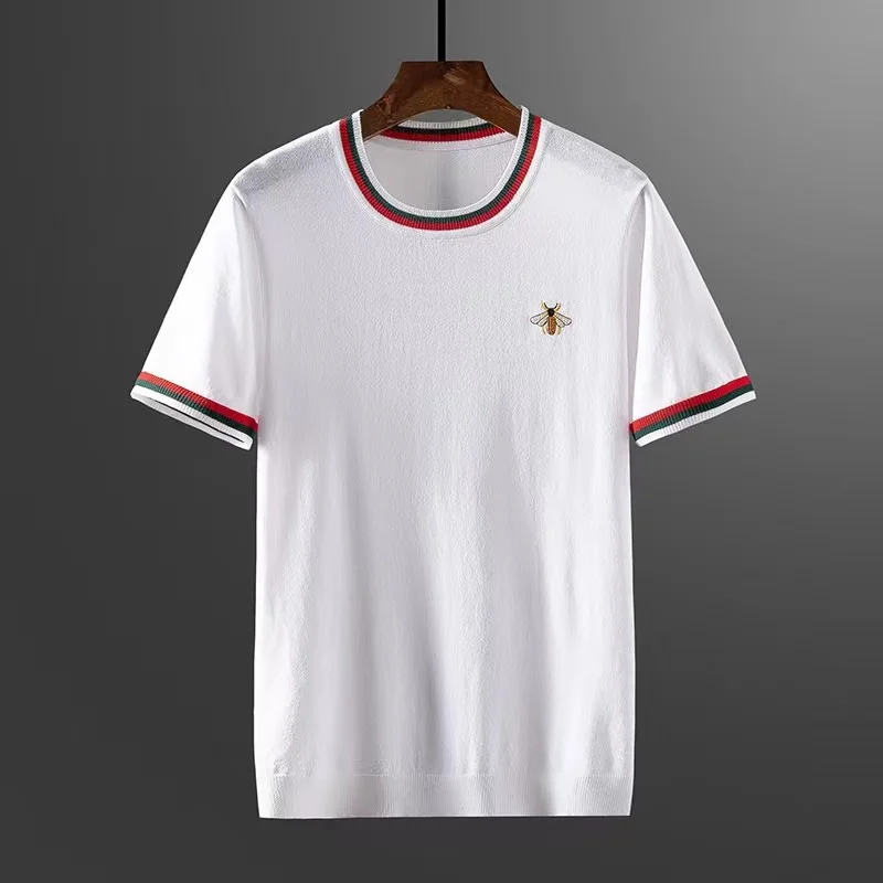 

European American simple bee embroidered t-shirt men's 2022 summer new high-end ice silk short sleeve youth casual top trend
