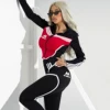 Oshoplive Female Sports Yoga Two Piece Sets Outfits Fashion Striped Color Block Zipper Tops & High Waist Skinny Pants Sportswear 2