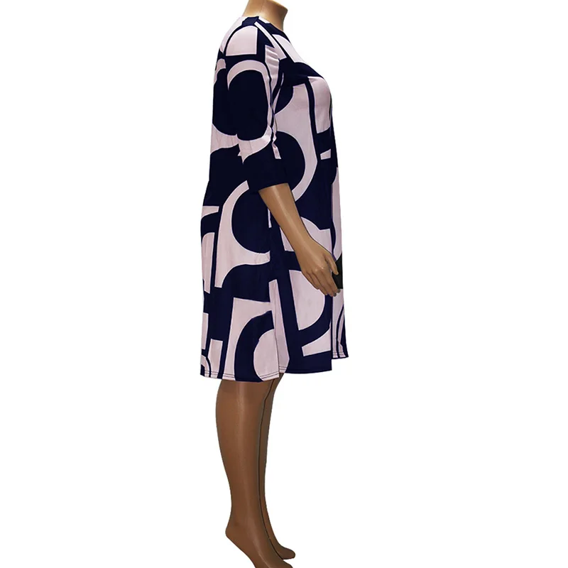 Plus Size Geometric Print Fashion O-Neck Patchwork Pockets Three Quarter Sleeve Knee-Length Dress Spring Autumn Female Clothing