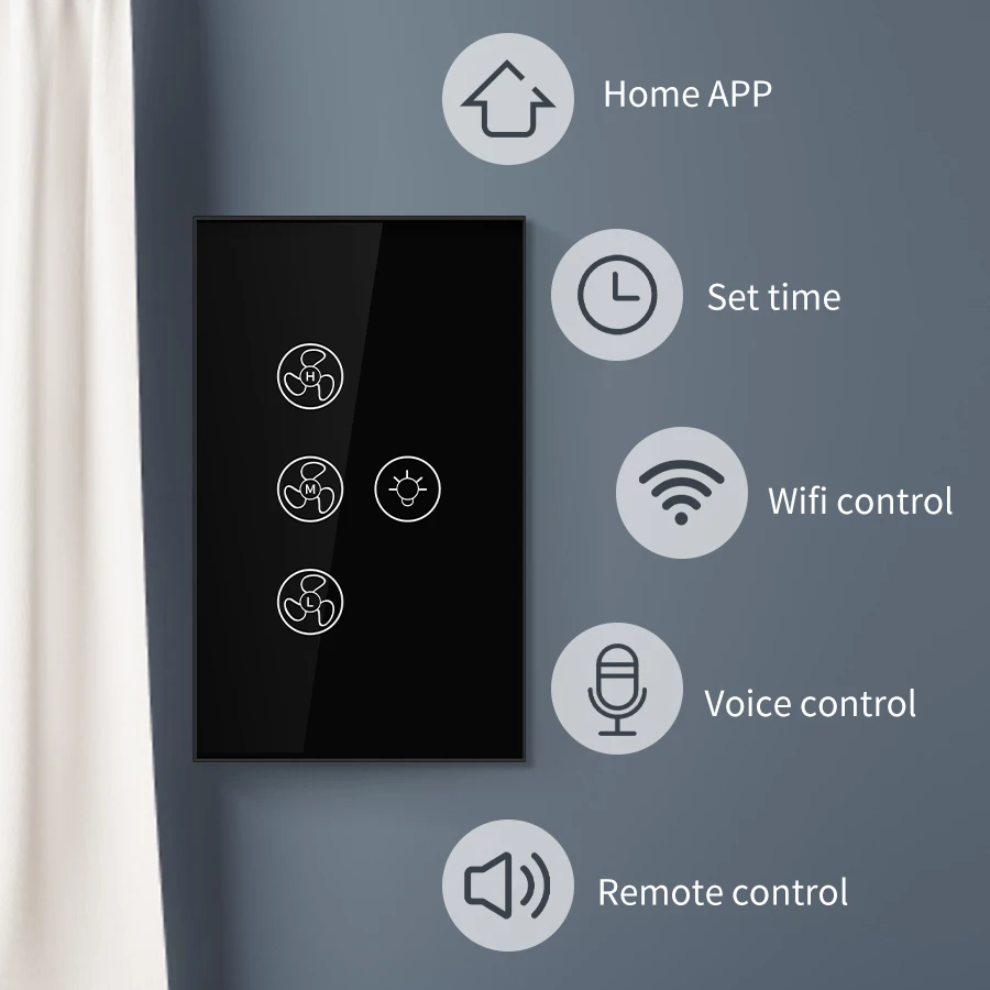 Tuya WiFi Smart Fan Light Switch Touch Panel Switch App Control Voice US Standard Work With Alexa Google Home Speed Regulation