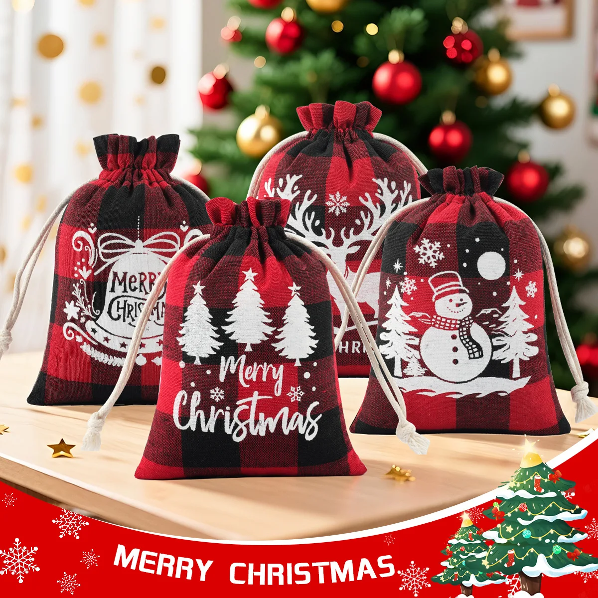 Christmas Plaid Cotton Drawstring Pouch Christmas Candy & Cookie Storage Pouch Christmas Gift Bag Jewelry Packaging Bag