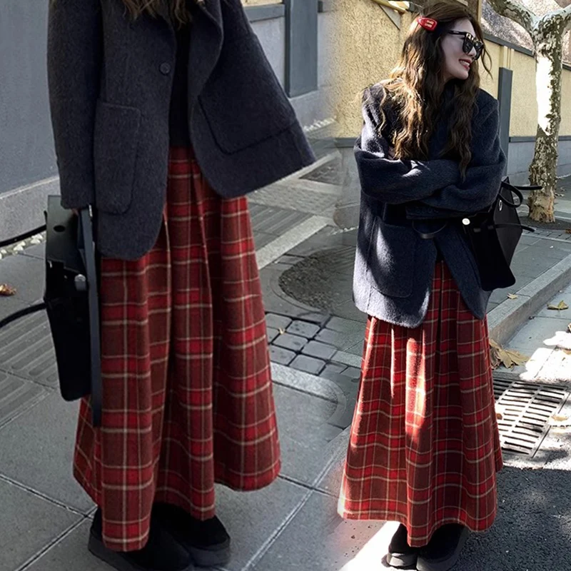 Autumn Winter Maternity Long Loose Plaid Maxi Skirt High Waist Pregnant Woman Woolen Pleated Skirt Large Hem Umbrella 95cm
