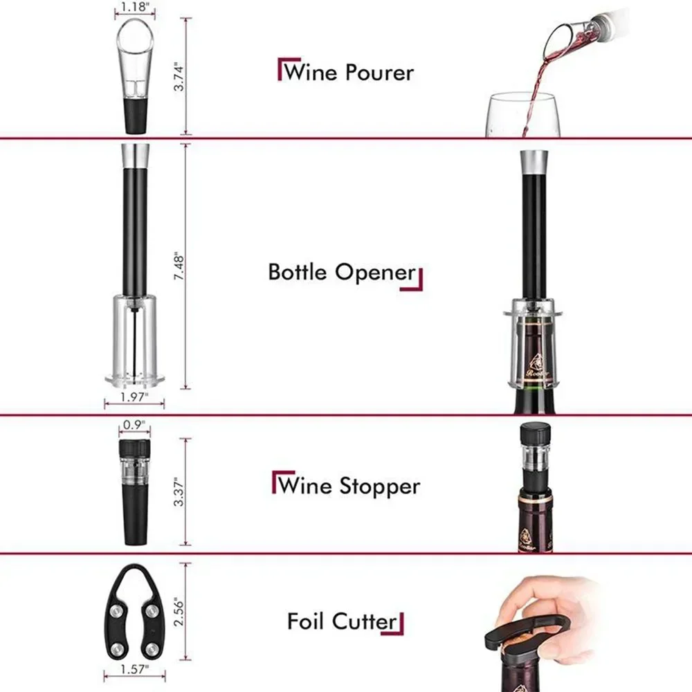 Wine Opener 4pcs Kit Air Pressure Bottle Opener Corkscrew Wine Pourer Vacuum Stopper Foil Cutter Accessory Gift Set
