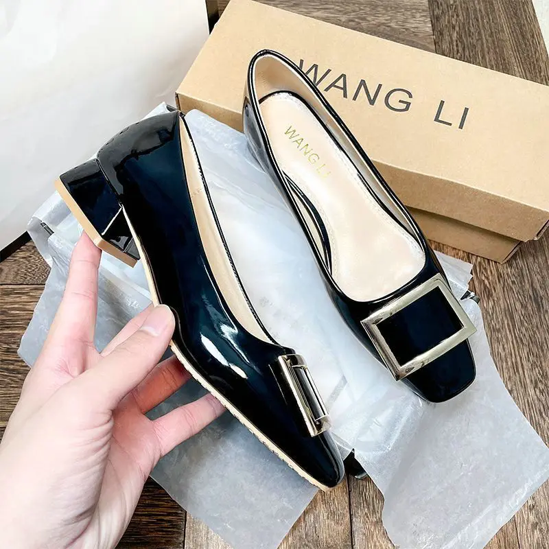 Flats Women's Shoes Patent Leather Square Buckle Shoes Autumn New Ladies Shallow Mouth Square Toe Flat Shoes Office Plus size 42 3