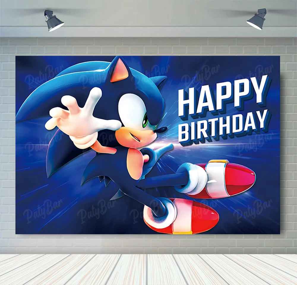 thumbnail image 1 of Fondo de fotografía de Sonic, el erizo de velocidad, héroe corredor, fondo de fotografía de dibujos animados para cumpleaños de niños, accesorios de vinilo de poliéster rojo y azul, 1 of 5