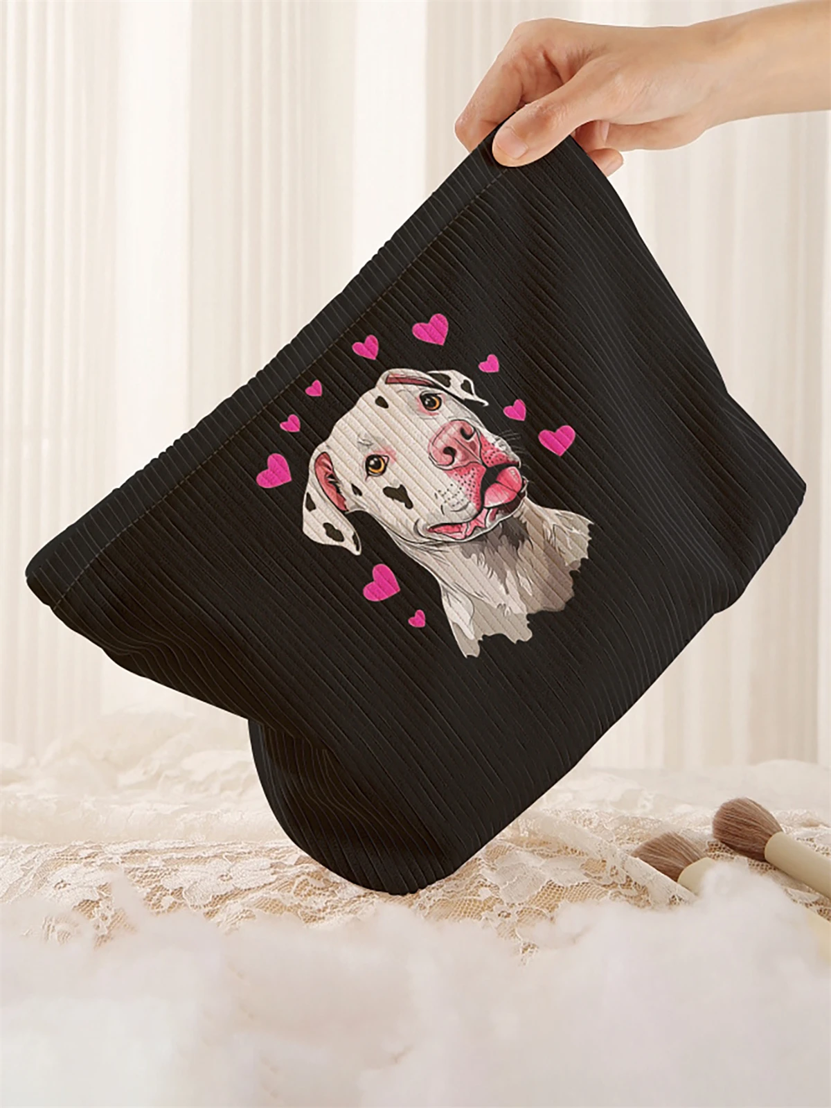 1pc cartoon dog pattern printed corduroy makeup bag, lightweight zipper makeup storage box, multifunctional bag with lining
