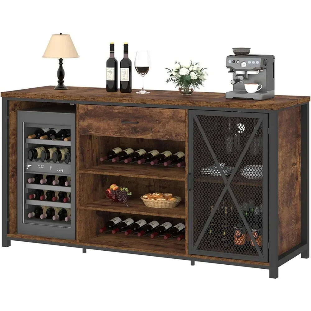 Large Bar Cabinet with Fridge Space, Rustic Long Liquor Cabinet with Drawer Storage, Farmhouse Wood Metal Wine