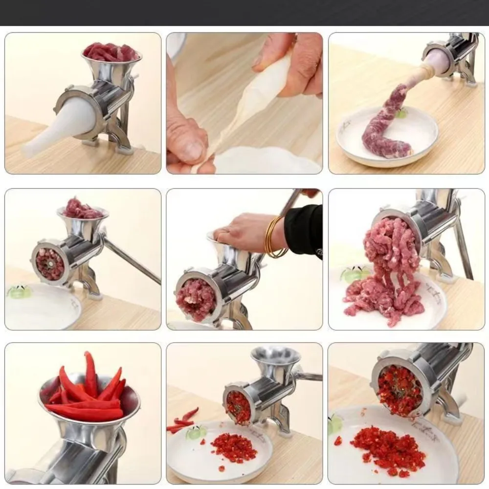 Description Picture 6 of itemNew Heavy Duty Hand Operated Manual Kitchen Meat Mincer Noodles Grinder Sausage Filler Fruit Vegetable Beef Sausage Pasta Maker
