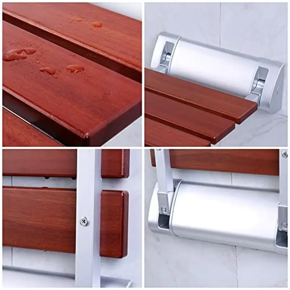 Folding Shower Seat Red Sandalwood Water-Repellent Lacquer Bathroom Bench Wall Mounted Stool 90° Foldable High-End Furniture 5