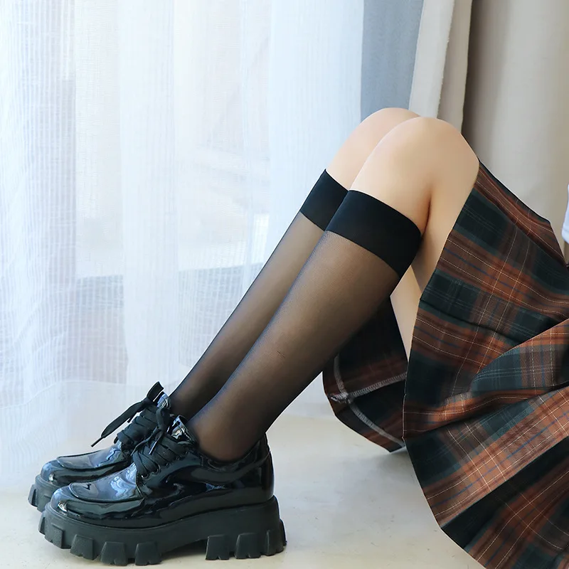 Womens Sheer Knee High Socks Black White Opaque Band Lolita Gothic Y2K JK Uniform Nylon Hosiery Thin Summer Preppy Fashion