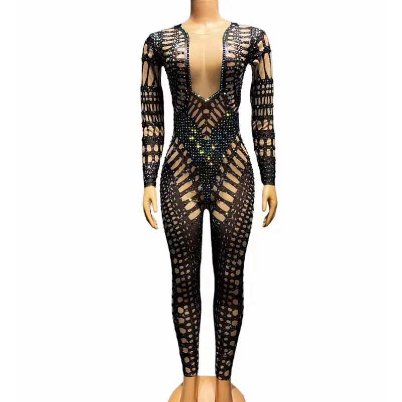 

Sexy Stage Rhinestones Printed Transparent Jumpsuit Dance Crystal Black Stretch Bodysuit Leotard Club Party Performance Costume