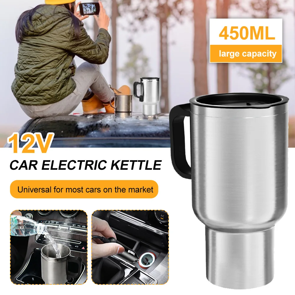 

450ML 65℃ Car Heating Cup 12V Electric Heating Cups For Car Stainless Steel Coffee Milk 2-Layer Vacuum Insulation Travel Kettle