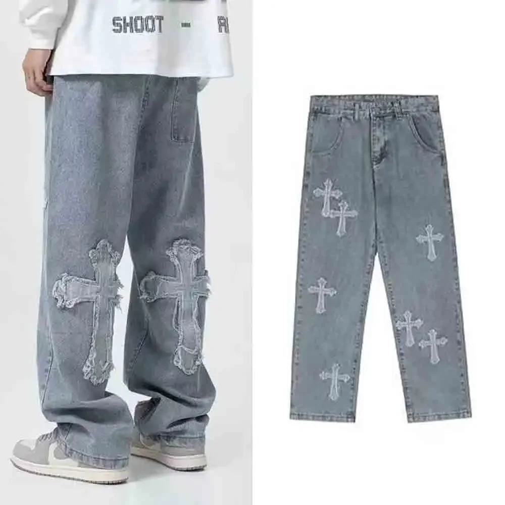 High Street Cross Patch Jeans Men Hip-Hop Ruffian Handsome Straight Jeans Loose Wide-leg Long Pants Oversized Y2K Male Trousers