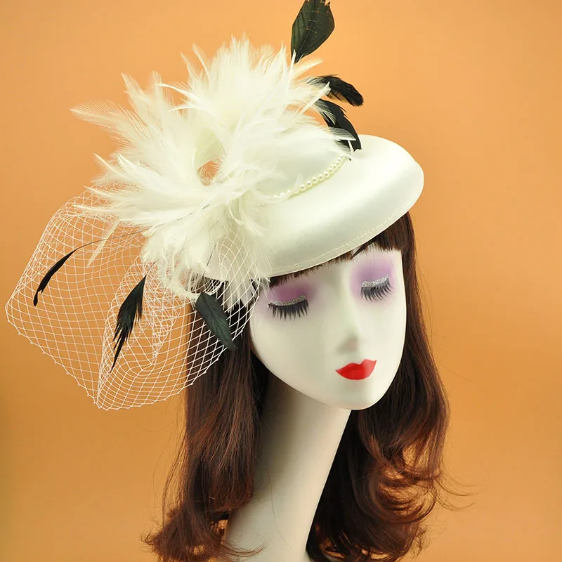 

Face Cover Gauze Top Hat Ladies Vintage Feather Hair Accessories Bride Wedding Dress Accessories Korea Japan Black White