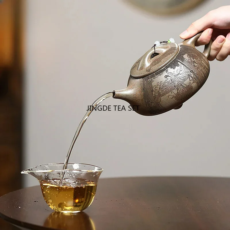 570ml Handmade Purple Clay Teapot Original Ore Agarwood Mud Dragon Kiln Firewood Burning Scenery Boat Teapot Brewing Kun