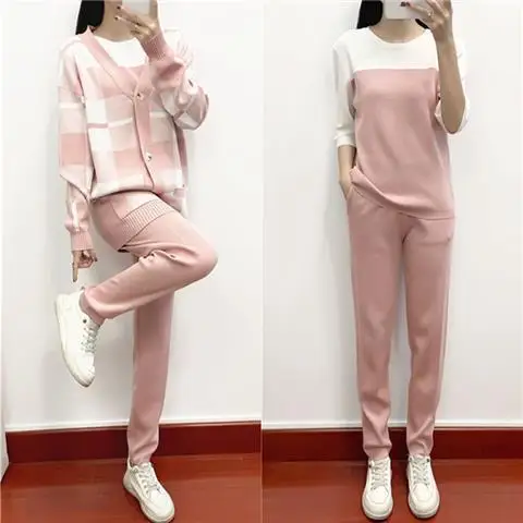 

Three Piece Set for Women Autumn and Winter Sweaters Thickening Warm Knitted High Waist Pants Suit White Elegant T54