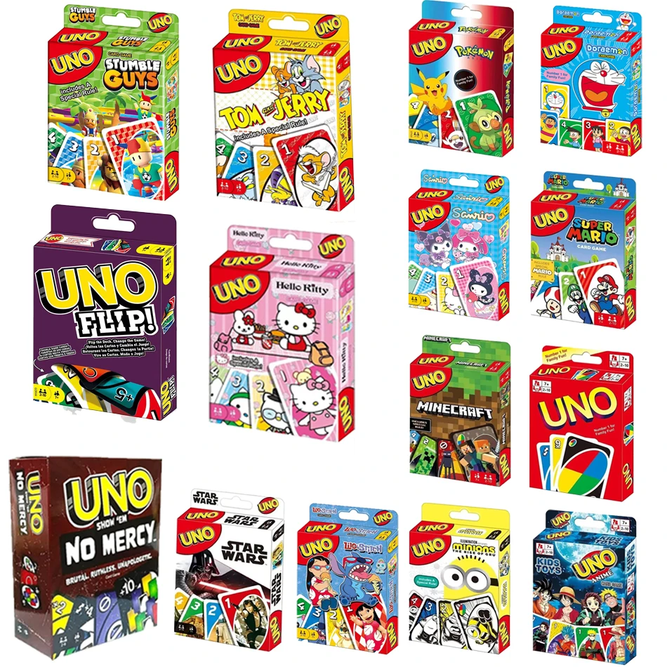 UNO 플립! 노 머시 산리오 톰과 제리 스티치 및 보드 게임 애니메이션 만화 카와이 피규어 가족 재미있는 카드 게임 선물 