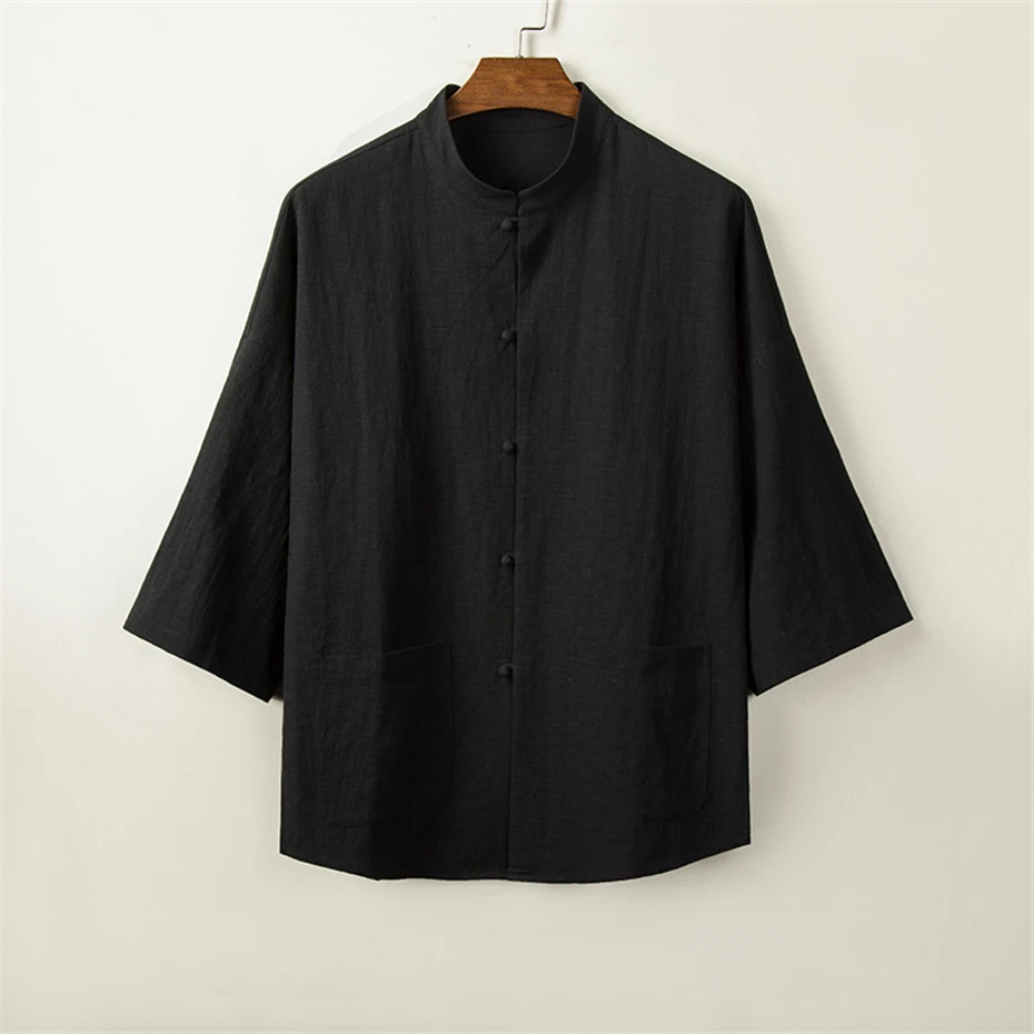 Summer Linen Shirts Men Chinese Style Shirts Three-quarter Sleeve Fashion Casual Solid Color Linen Shirt Male