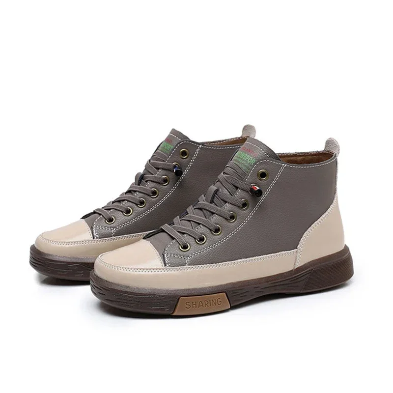 Womens Genuine Cowhide Winter 2023 New Arrival Flat Soft Leather High-top Shoes Beef Tendon Soft Bottom Leisure Casual Shoes