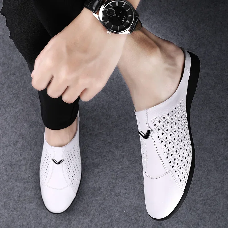 Fashion Mens Half Loafers Genuine Leather Baotou Leather Sandals Hollow Out Breathable Mules Man Outdoor Lightweight Half Shoes 4