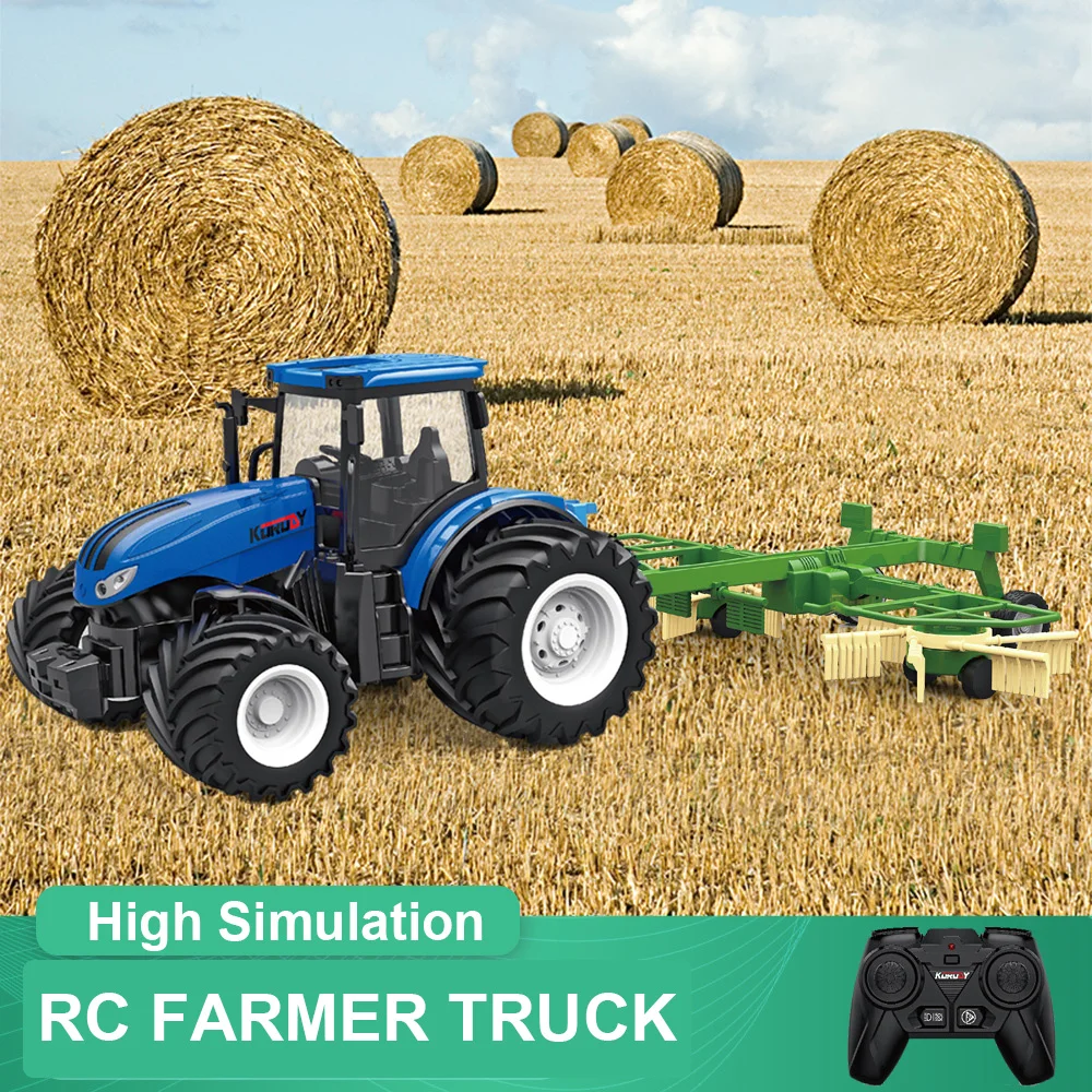 RC Truck Farm Tractor with 2 Rechargeable Batteries 1/24 High Simulation Construction Vehicle with Dual Rotary Swath Windrower 2