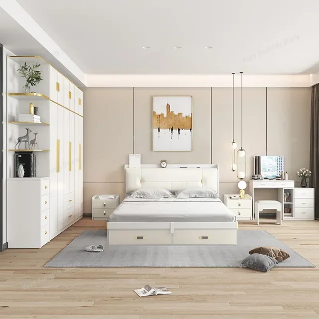 Ensemble de chambre à coucher moderne de luxe blanc avec tiroirs pour filles, mobilier de chambre à coucher, meubles de maison 1