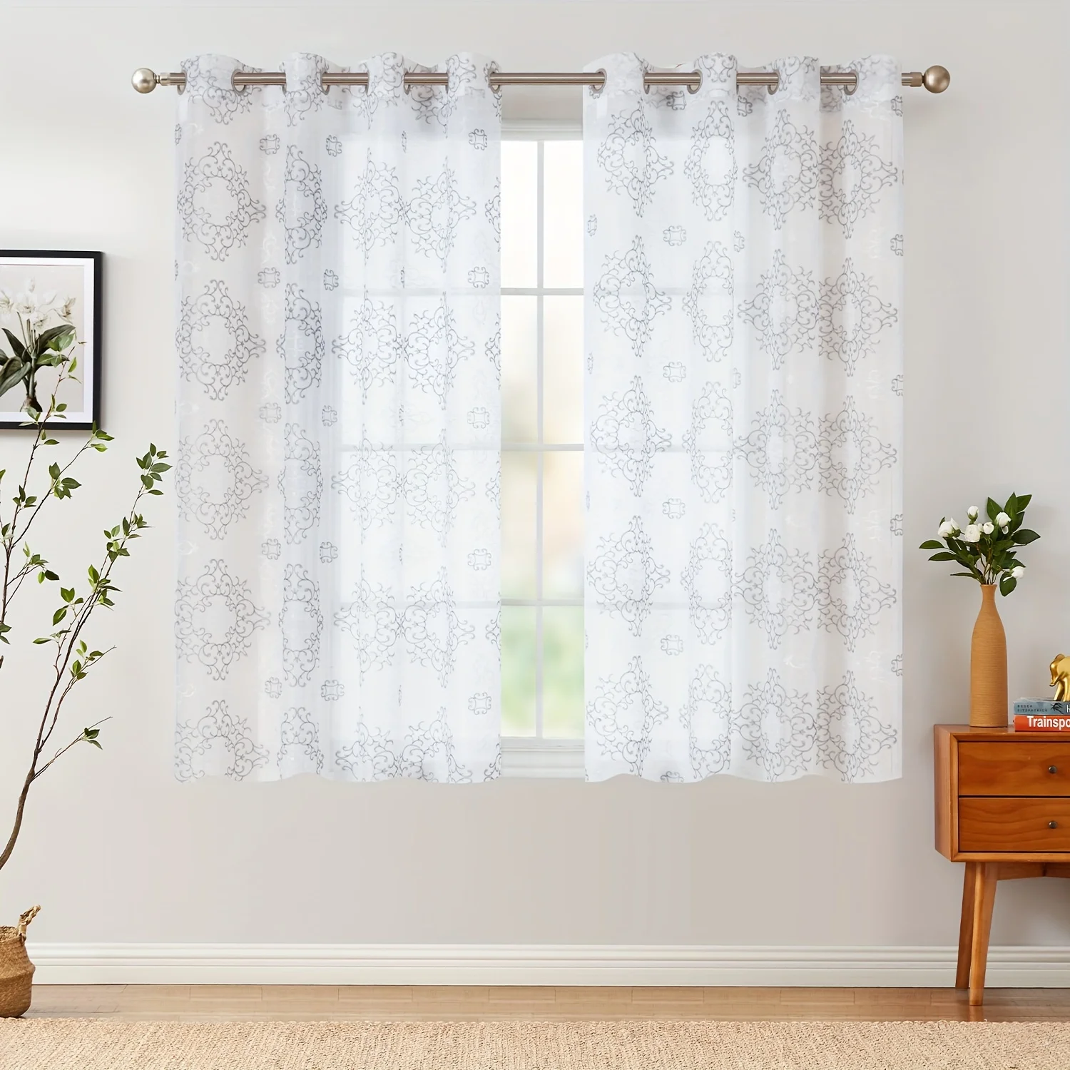 

1 Set COLLACT Embroidered Sheer Curtains, 63 Inches Long, Living Room Embroidery Curtains, For Bedroom, Grommet Top, White & Gre