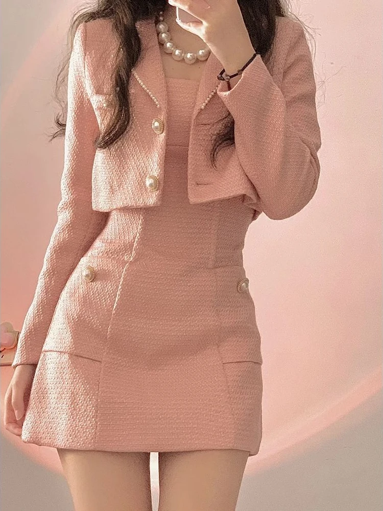 2022 Autumn Pink Elegant Two Piece Set Women Korean Style Balzer Coat+Strap Mini Dress Set Female Solid Casual Slim Designer Set