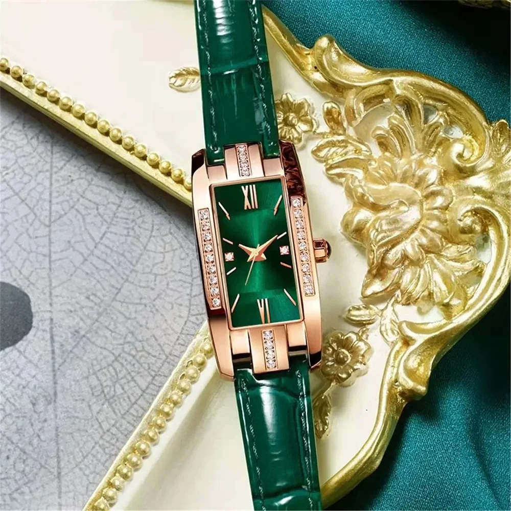high quality classic retro women's belt quartz square green quartz watch Student women's wear clock luxury style