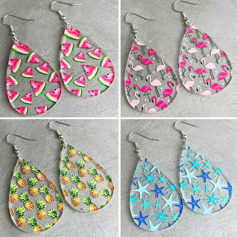 Pendientes de Estilo Hawaiano para mujer, aretes acrílicos transparentes con forma de estrella de mar, piña, sandía, gotas de agua