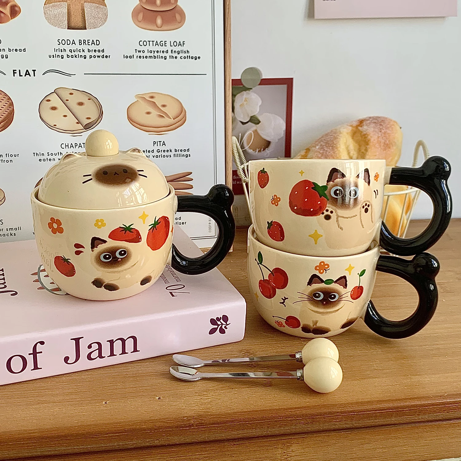 Cute Siamese  Cerc Mugs with Lid Spoon Office Coffee Breakfast Cup Birthday Gift for Women Home Use 380ml Capaci