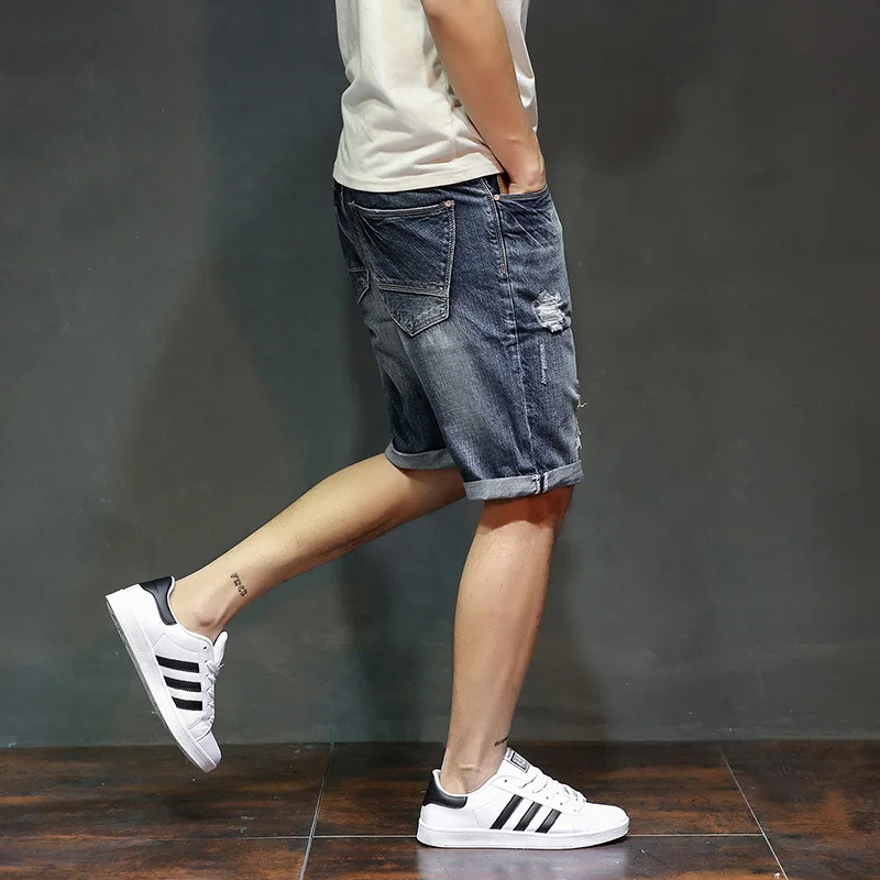 Summer New Men's Denim Shorts Fashion Slim Fit Elastic Cotton Blue Wash Ripped Jeans Male Brand Clothes 42