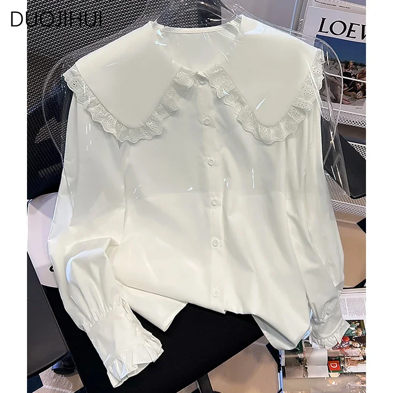 

DUOJIHUI White Autumn Sweet Chicly Neck Simple Women Shirt New Basic Long Sleeve Fashion Solid Color Casual Button Female Shirts