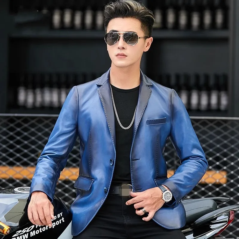 Description Picture 5 of itemDesign Mens Genuine Leather Suit Jacket Slim Fit Turn-Down Collar Single Breasted Spring Real Sheepskin Motorcycle Short Coat