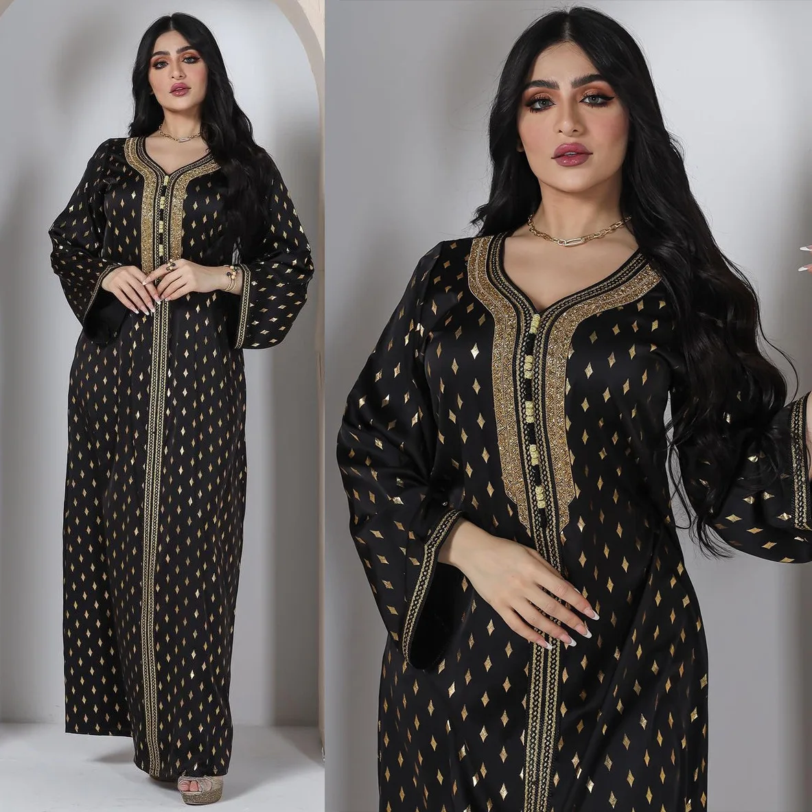 

Diamond Abaya Arab Evening Long Dress Women Gold Stamping Muslim Ramadan Moroccan Kaftan Dubai Saudi Gulf Jalabiya Black Abayas