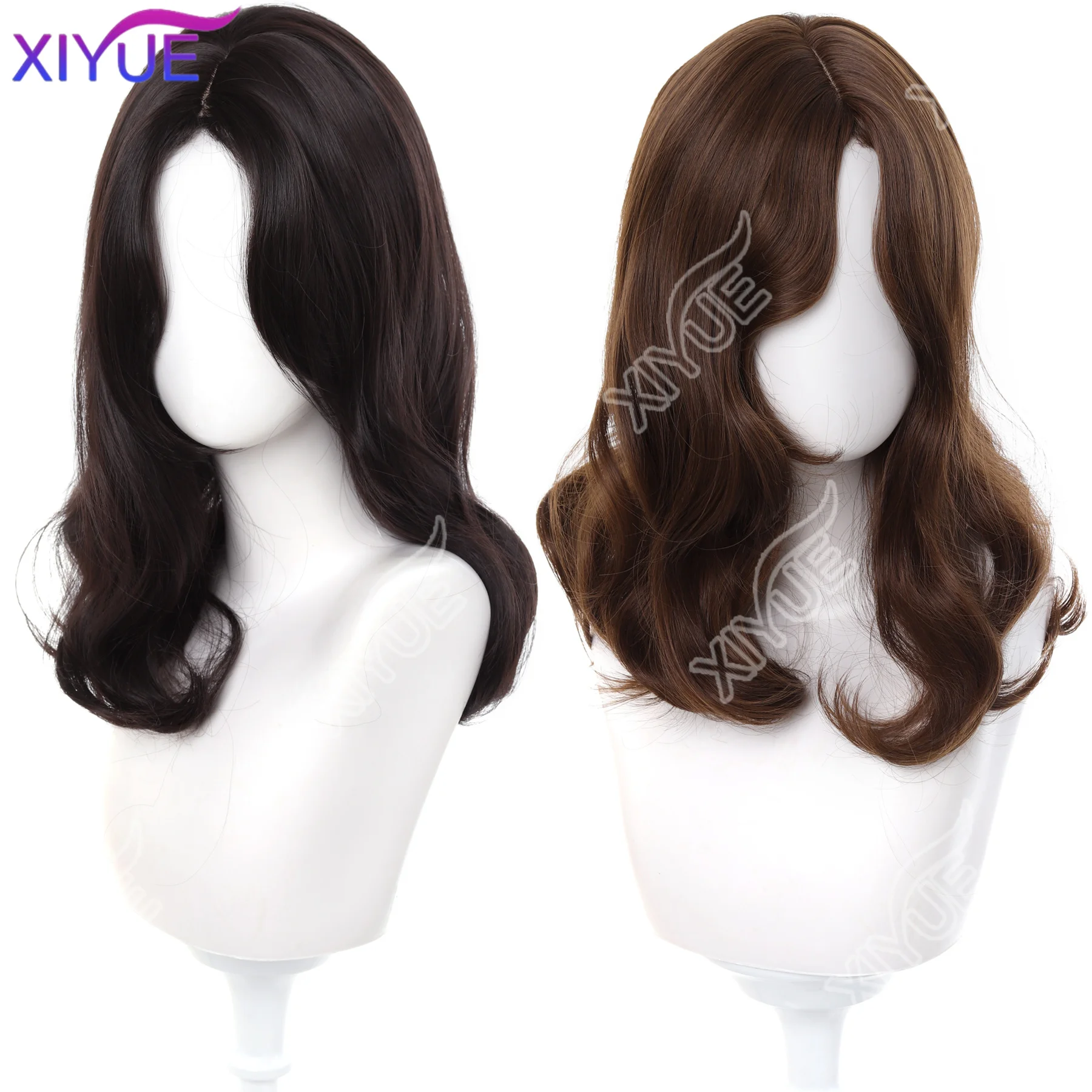 XIYUE cool brown Wavy Synthetic Wigs Medium Length Middle Part Wig for Women Daily Party Wedding Use Heat Resistant