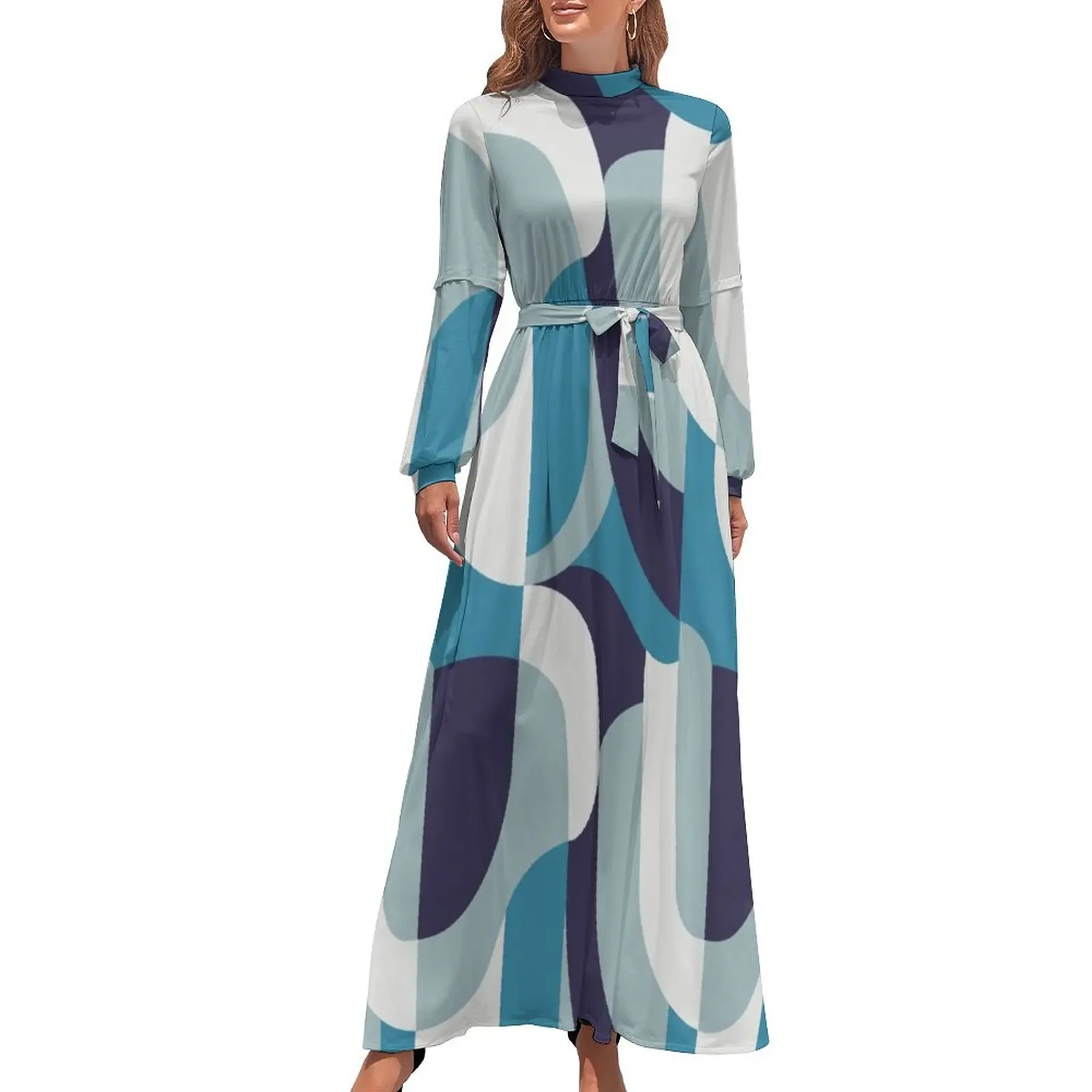 thumbnail image 1 of Vestido largo con estampado retro abstracto en azul huevo de petirrojo, vestido de noche elegante y chic para boda, vestido de noche para verano 2024 para mujer, 1 of 5