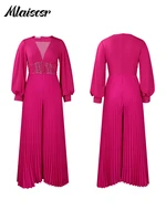 Mlaiscsr Elegant Evening Party Jumpsuit Long Sleeved Waist Pearl Bead Mesh Loose Wide Leg Pleated Long Dinner One Pieces Rompers - Image 5
