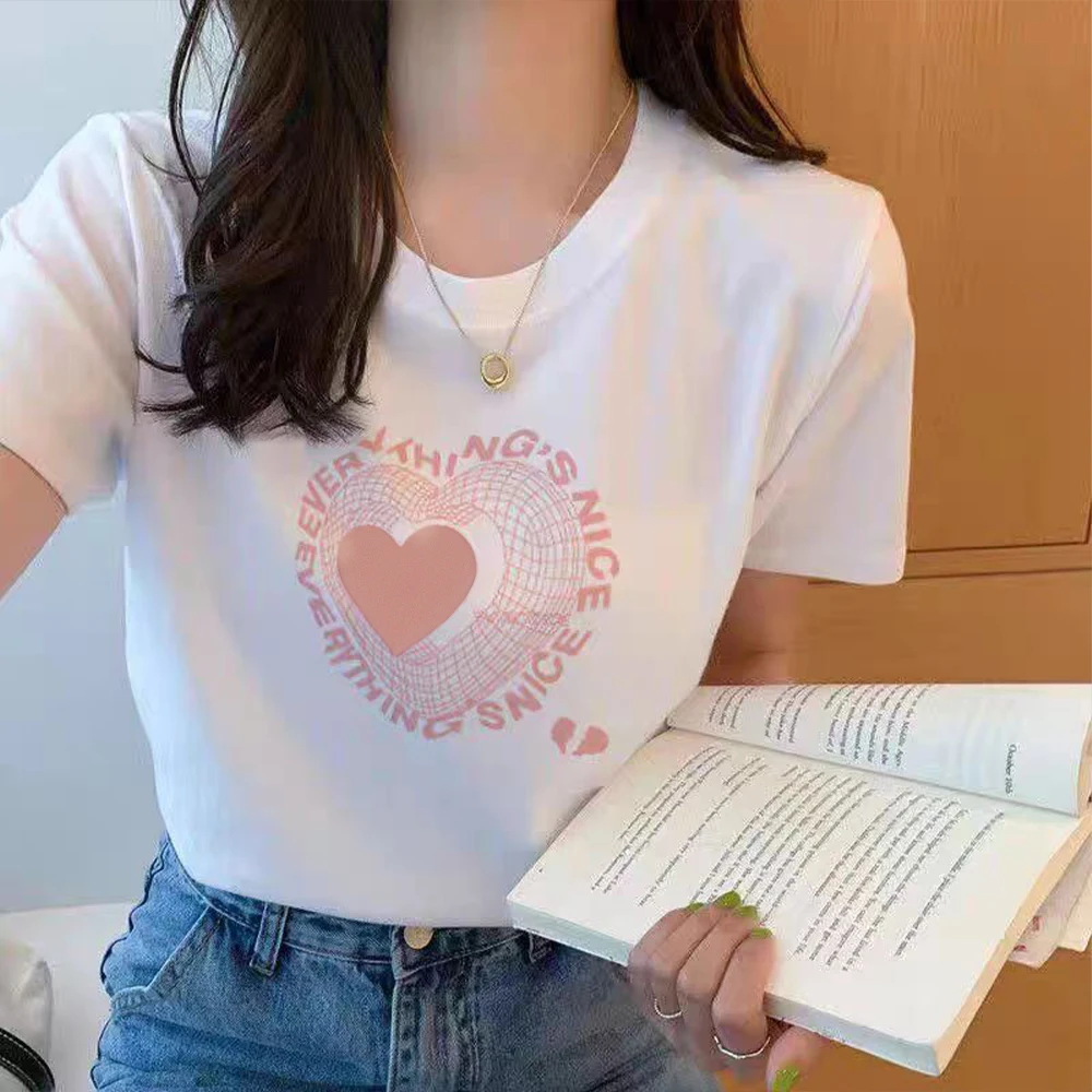 

T shirt Y2k Love Heart Print T-shirt Women Fashion T Shirt Female Clothes Oversized Top Kawaii Everything's Nice T Shirt