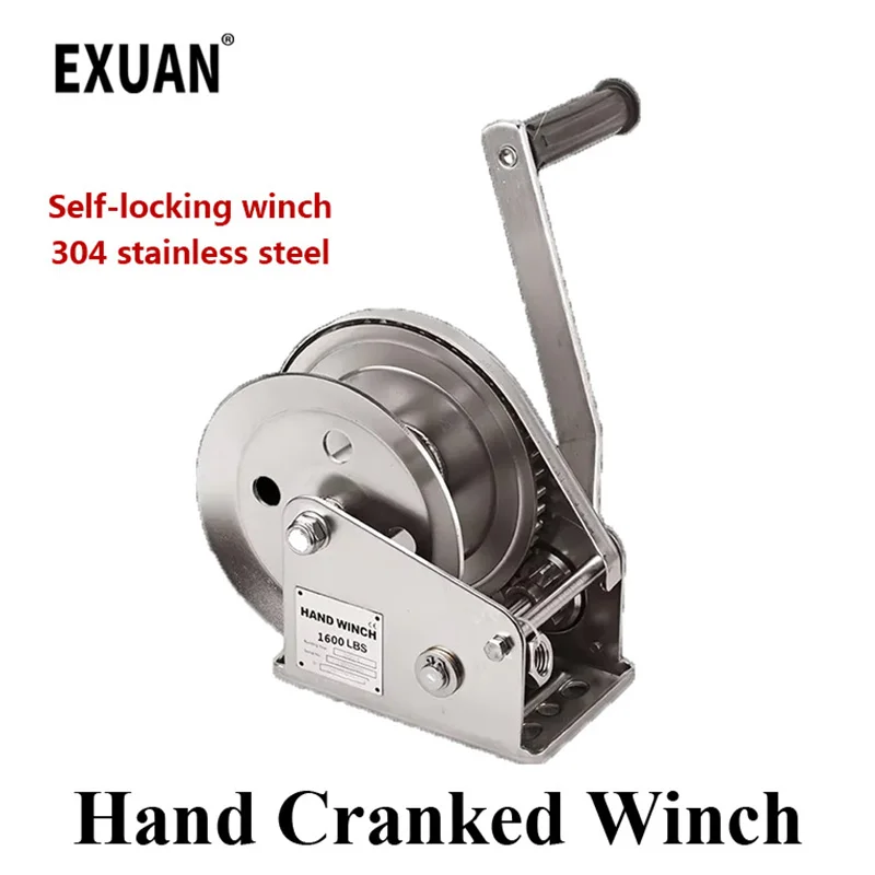 Stainless Steel Manual Winch 1600lbs Hand Cranked Winch Hoist Bi-Directional Self-Locking Hoist Crane Lifting Carry Tool