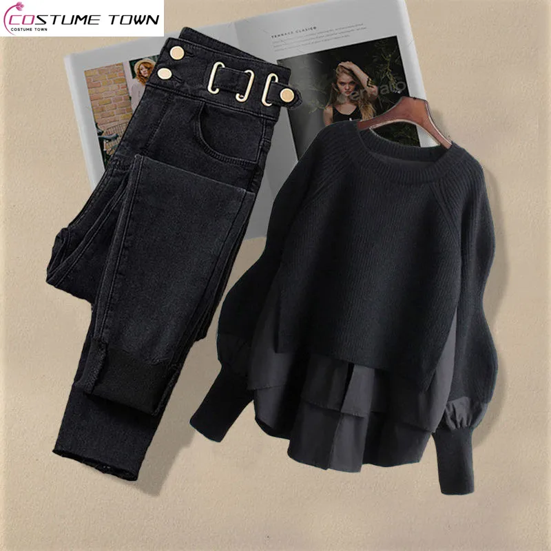 Large Women's Set 2023 Autumn/Winter Korean Version New Sweater Knitwear Top Women's Slim Casual Jeans Two Piece Set