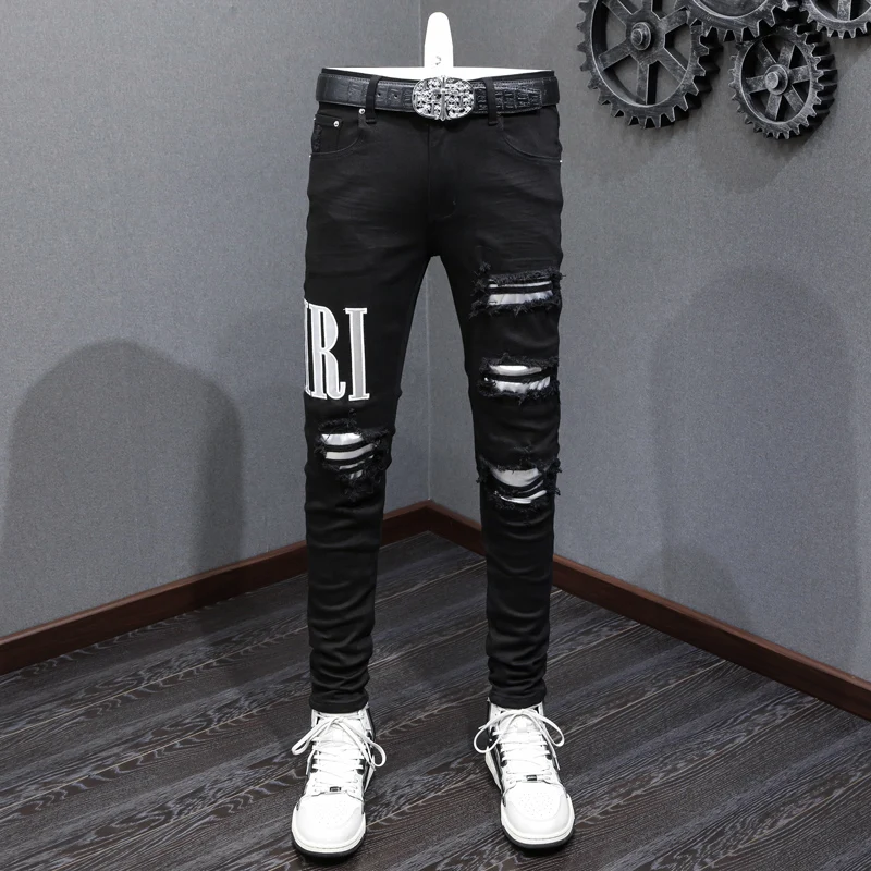 

High Street Fashion Men Jeans Black Stretch Elastic Skinny Ripped Jeans Men White Leather Patched Designer Hip Hop Brand Pants