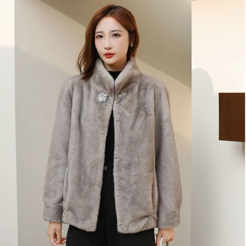 Artificial Mink-Fur Parkas for Women, Short Imitation Fur, Casual Outwear, Thick Warm, Stand Collar, Middle-Aged Women, New