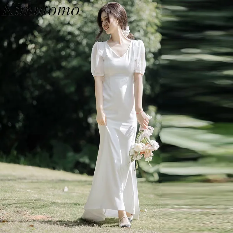 

Kimutomo Simple Design Elegant Dress Women for Wedding Party V Neck White Engagement Dresses Short Sleeves Hip Maxi Vestidos