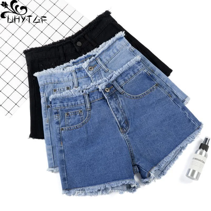 

UHYTGF S-5XL Denim Shorts For Women Summer Korean Fashion Raw Edge Loose High Waist A-Line Streetwear Ladies Thin Jeans Shorts