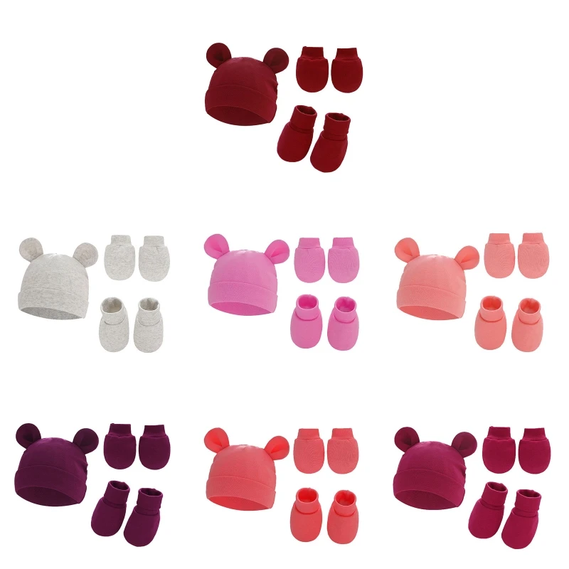 

Newborn Baby Soft Cotton Anti Scratching Gloves Cute Ears Hat Cap Foot Cover Set Dropship
